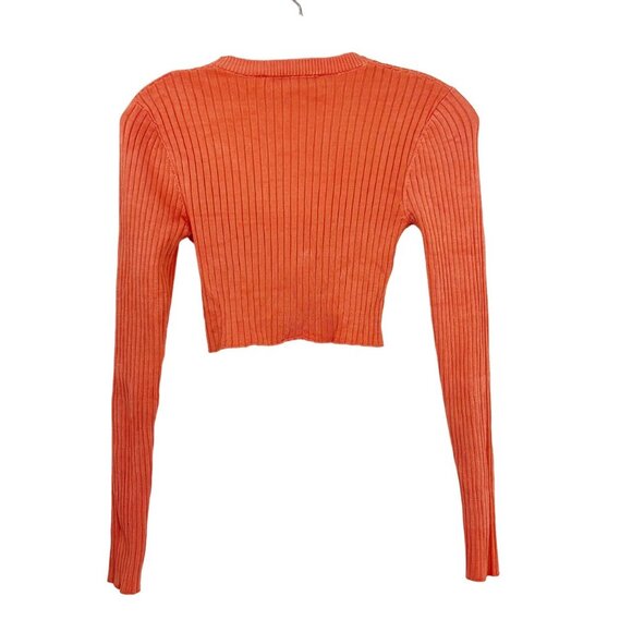 Zara Orange Ribbed Long Sleeve Crop Top Crewneck Fitted Stretch - Size Small - Picture 2 of 6